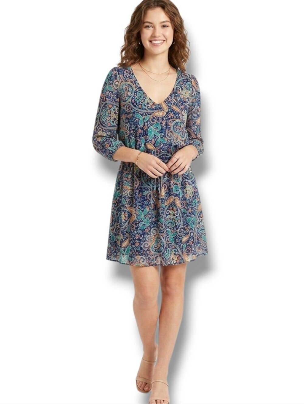 BeBop Women’s Navy Paisley Boho Chiffon Lined Mini Dress – Size Medium